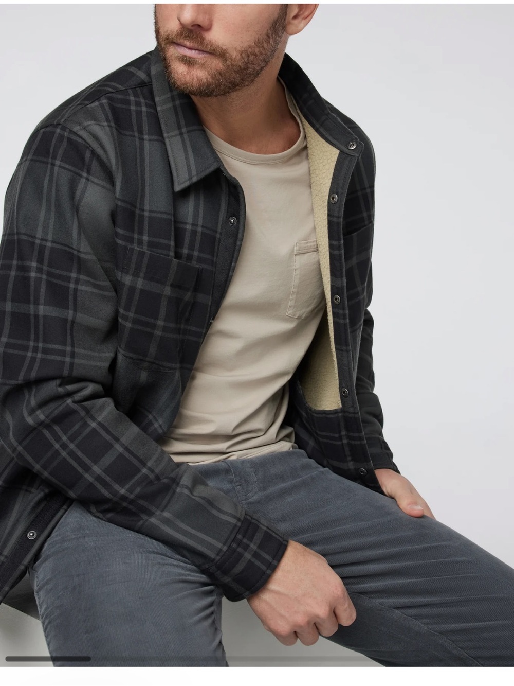 Vuori Coastside Mens L Plaid Fleece Lined Snap Flannel Shirt Jacket Blue Gray